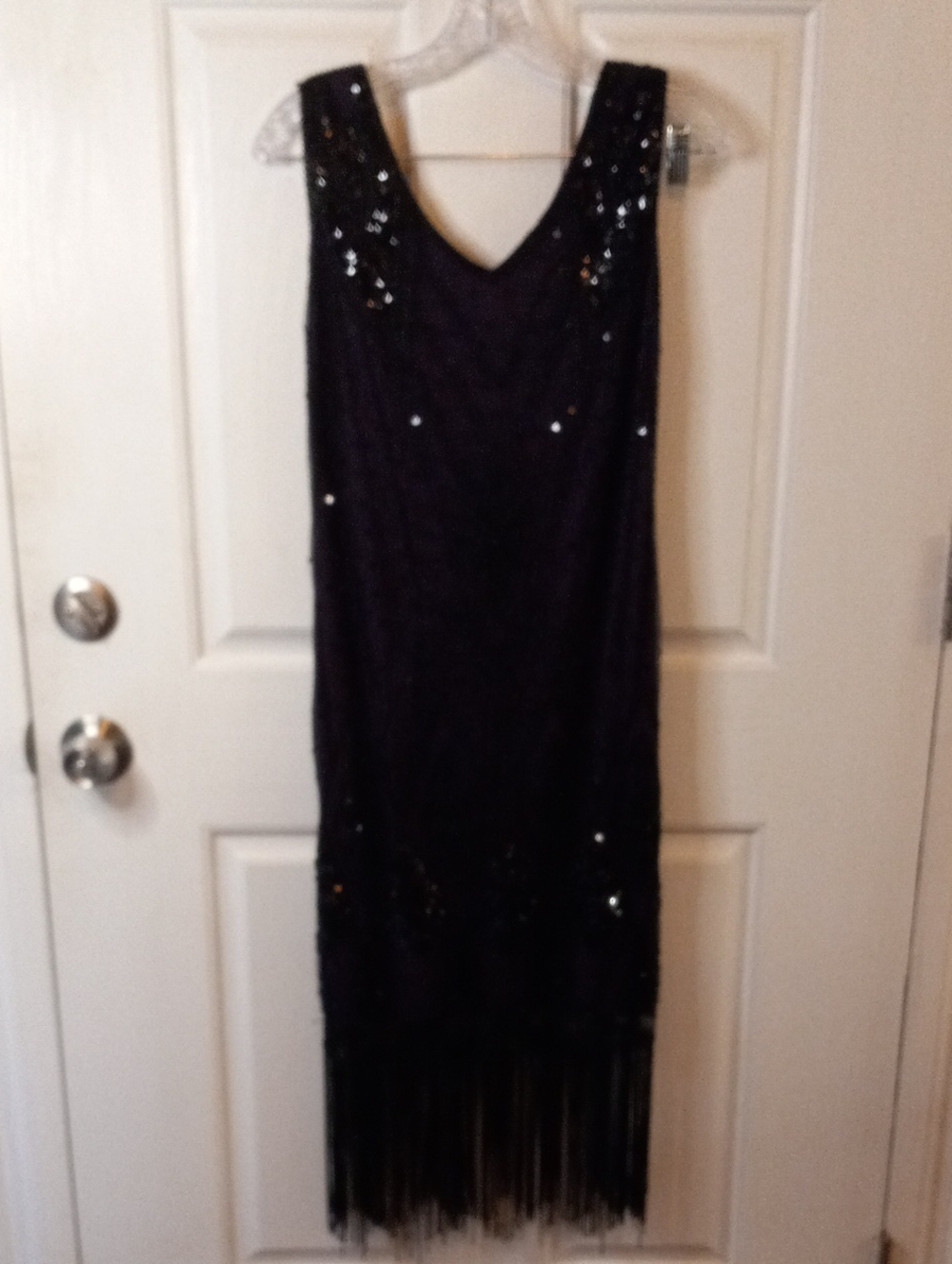 beaded flapper dress black sequins over Purple sheath Fringe size small Gatsby